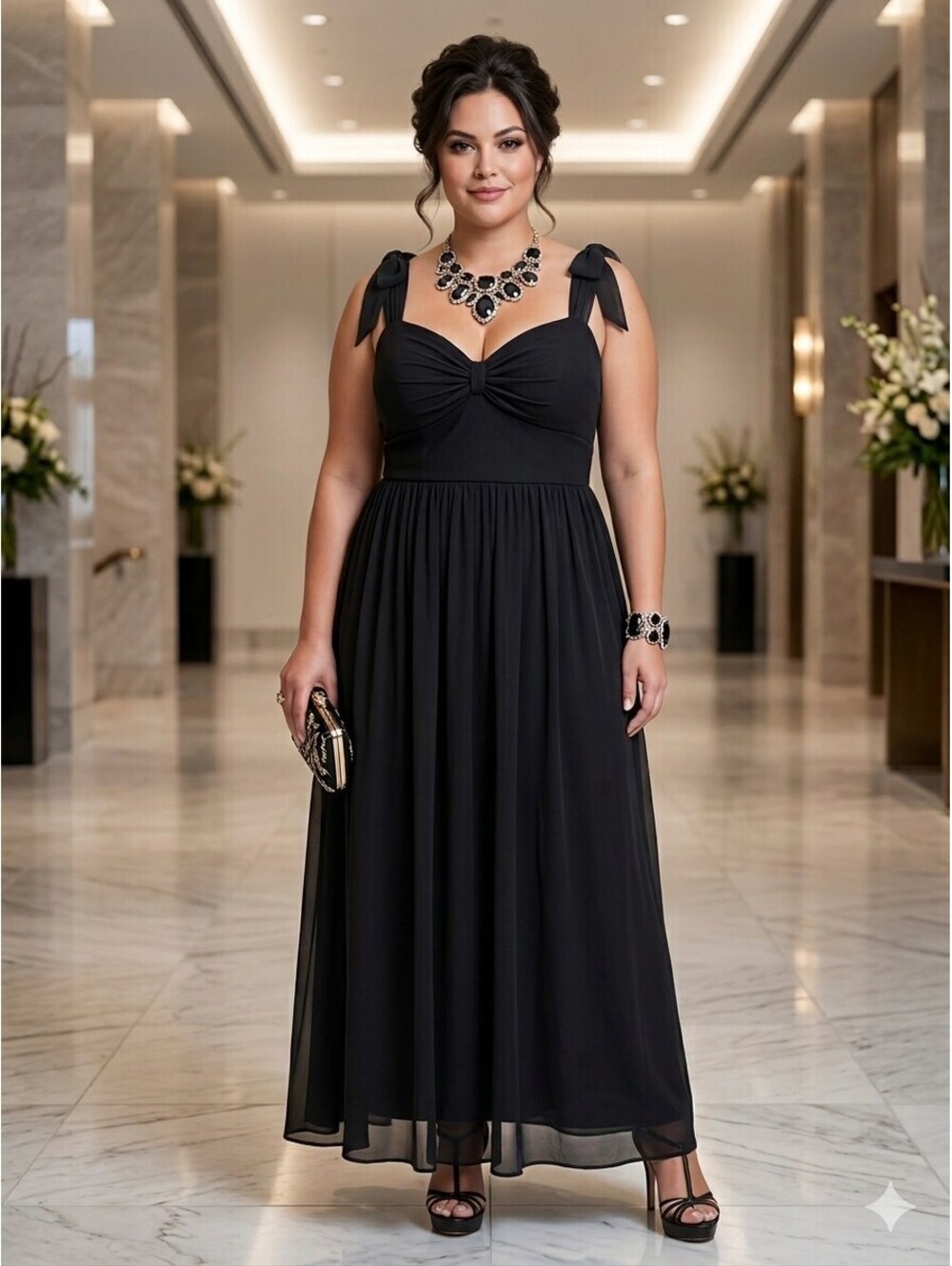 Lulus Black Chiffon Maxi Dress 2X Plus Size Sleeveless Tie Strap Front Gala